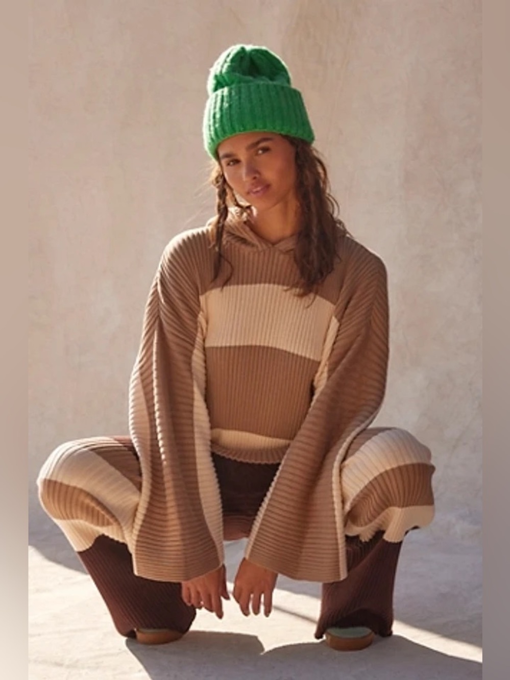 Free People Kami Sweater Striped Knit Brown Beige XS Hoodie